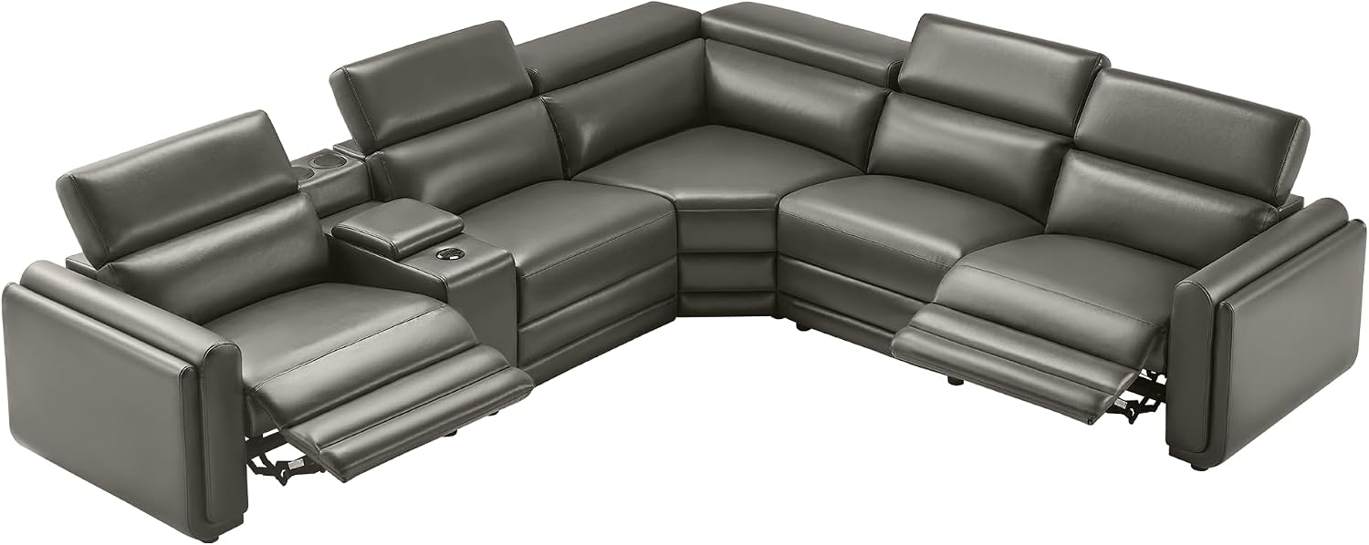 Amerlife Power Recliner Sectional Sofa, Reclining Sofa with Storage/USB Port, Leather Recliner Sofa with Adjustable Headrest, 5 Seats Reclining Sectional Couches with Console and Cup Holder, Dark Grey