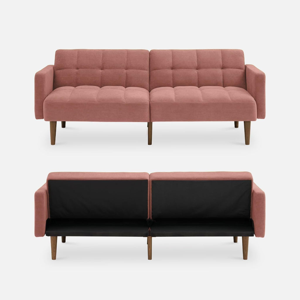 mopio Aaron 76.8' Couch, Small Futon Sofa Bed, Sleeper, Loveseat, Mid Century Modern Futon Couch, Sofa Cama, Couches for Living Room, Bedroom (Old Rosa, Velvet)