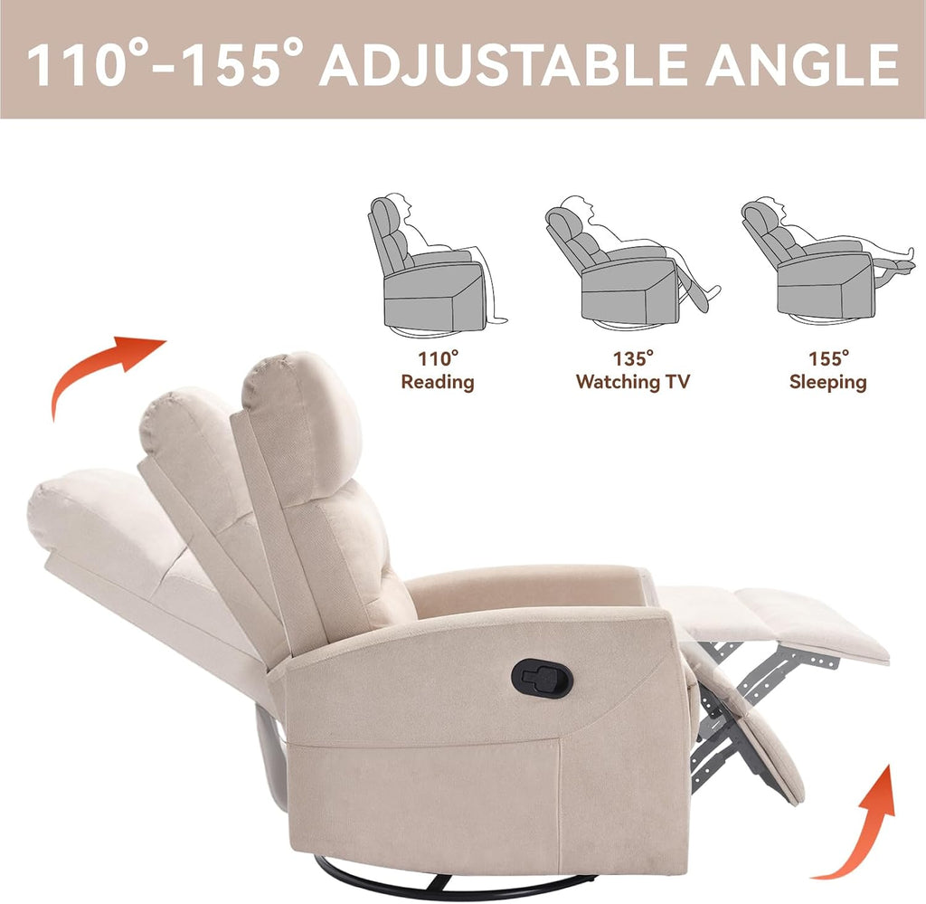 PELUMY Manual Recliner Chair, 360° Swivel Glider and Rocker Recliner with 155° Recline, Compact Fabric Recliner for Small Space, Nursery, Living Room, Bedroom, No Tools Assembly (Beige)