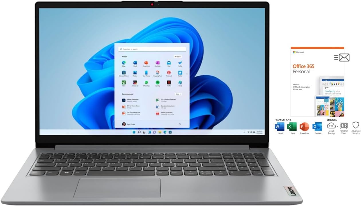 Lenovo Ideapad 1 15.6' HD Laptop | AMD Athlon Silver 7120U Processor | 4GB RAM DDR5 | 128GB SSD | AMD Radeon Graphics | Windows 11 Home | Grey | Bundle with Office 365