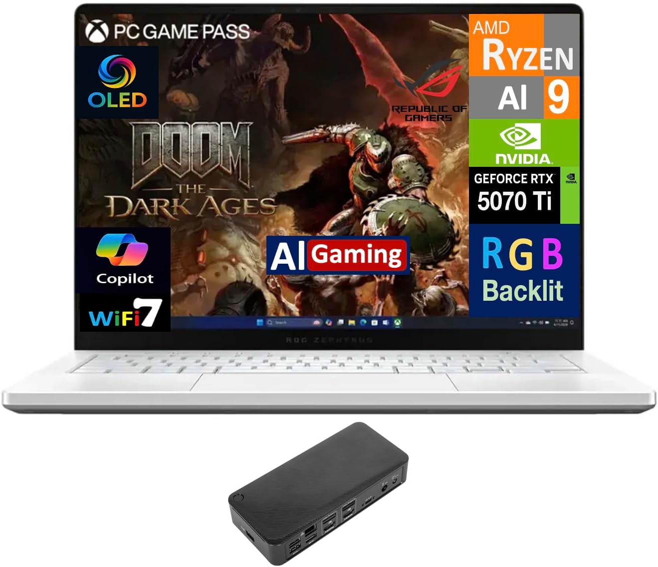 ASUS ROG Zephyrus AI Gaming Laptop 14.0' 120Hz OLED 2.8K Display (AMD Ryzen AI 9 HX 370, GeForce RTX 5070 Ti 12GB, 32GB LPDDR5X, 2TB PCIe SSD, RGB KB, WiFi 7, Webcam, Win 11 Home) w/USB-C Dock