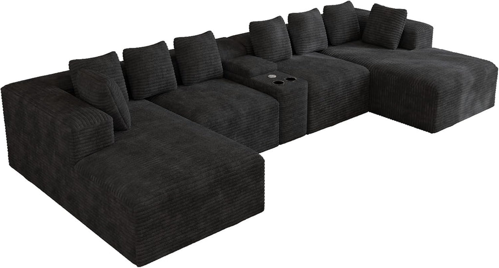 143' Oversized U Shaped Cloud Sectional Couches for Living Room, Comfy Fluffy Corduroy Black Boneless Couch, Large Modular Sectional Sofa Set with Chaise, Cup Holder, USB Port, Storage Console