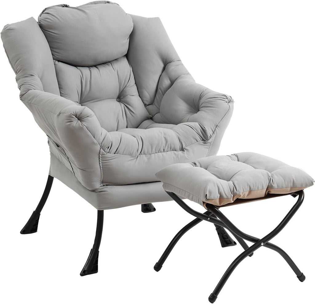 Furlide Lazy Chair with Ottoman, Modern Accent Chairs with Folding Footrest, Light Grey Sofa Chair Set, Comfortable Reading Chairs, Oversized Armchairs for Bedroom, Study, Living Room, Courtyard