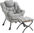 Furlide Lazy Chair with Ottoman, Modern Accent Chairs with Folding Footrest, Light Grey Sofa Chair Set, Comfortable Reading Chairs, Oversized Armchairs for Bedroom, Study, Living Room, Courtyard