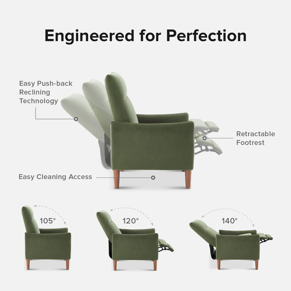 mopio Arthur Recliner Chair with 3 Positions, Accent Armchair, Mid Century Modern Reading Chair, High Back Padded Support Comfy Sleeper Armchair (Olive Green Velvet)