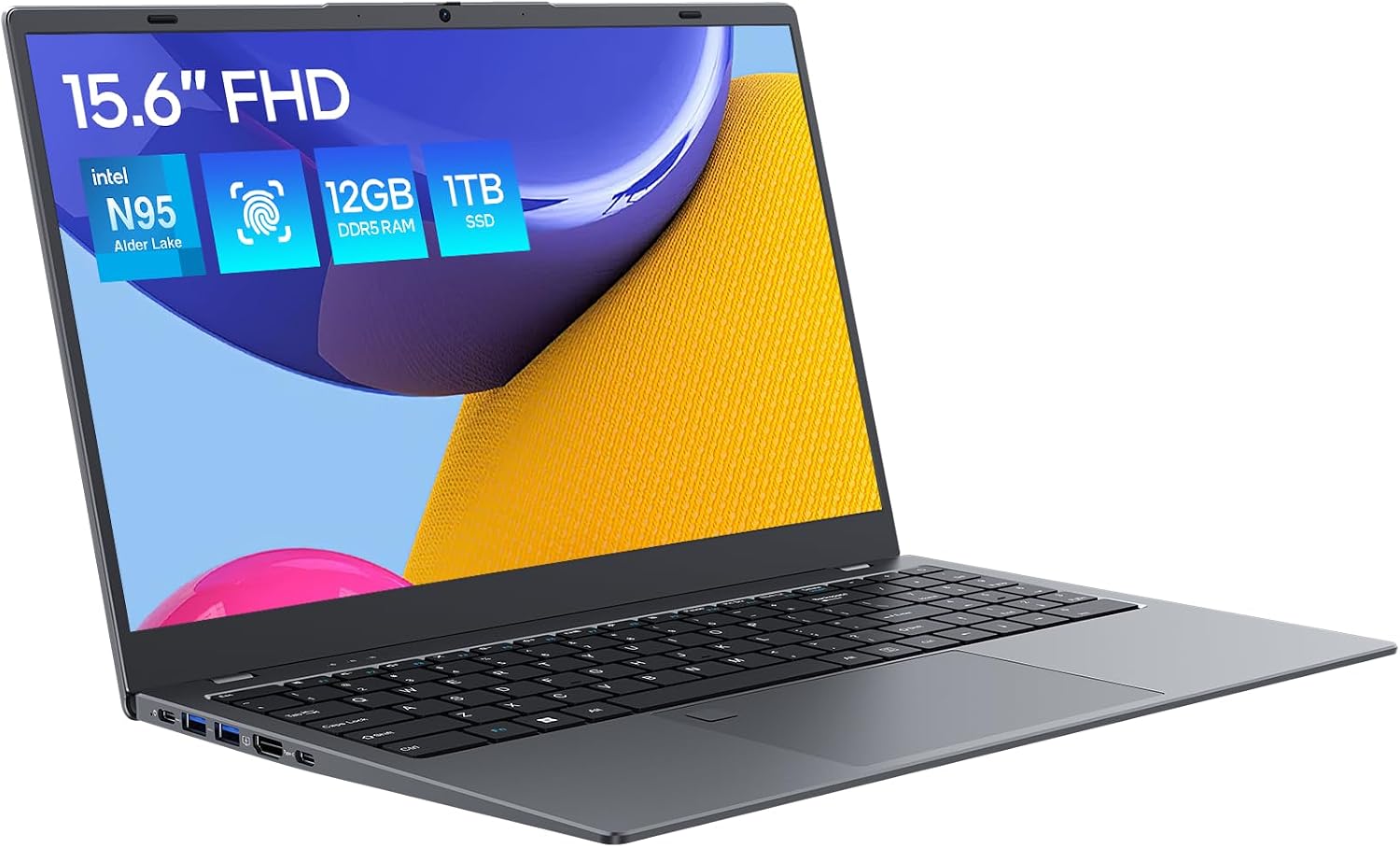 Laptop Computer, 12GB DDR5/1TB SSD, N95 Quad-Core, 15.6 inch 1920x1080 FHD Display, Dual Band WiFi, BT5.0, Fingerprint Unlock/Physical Camera Switch (Gray)