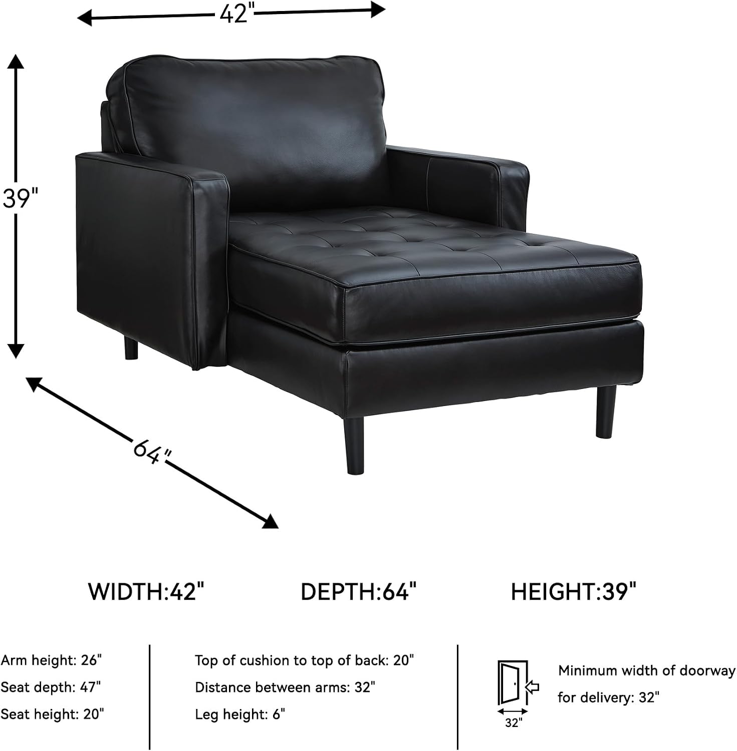 Signature Design by Ashley Bryceview Modern Tufted Leather Match Chaise with Loose Seat Cushion, Black
