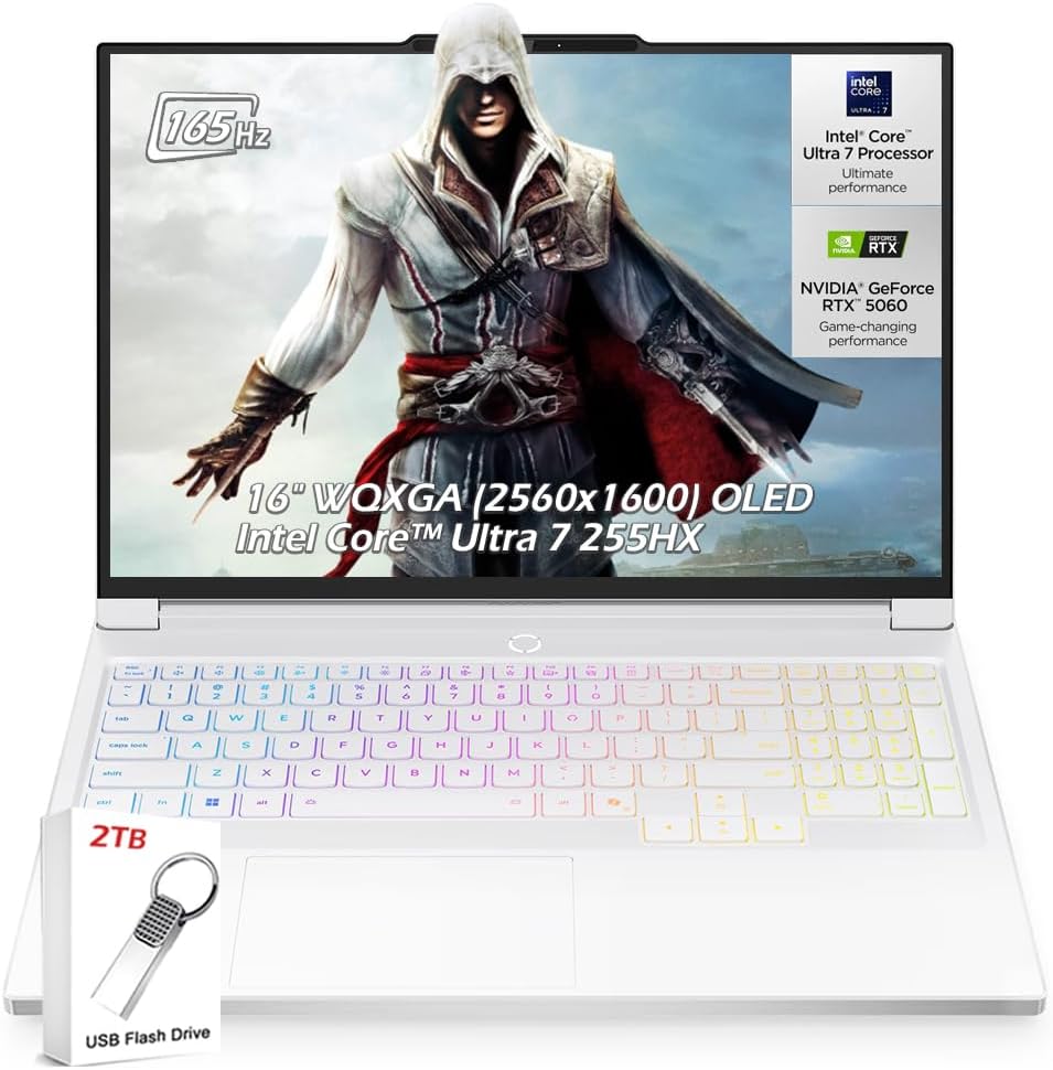 Lenovo Legion 7i Gaming Laptop, 16 OLED 2.5K (2560x1600) 165Hz, Intel Ultra 7 255HX, NVIDIA GeForce RTX 5060, 16GB RAM 2TB SSD, Backlit KB, Wi-Fi7, Win11, Glacier White, w/2TB USB Drive, W/GaLiMu