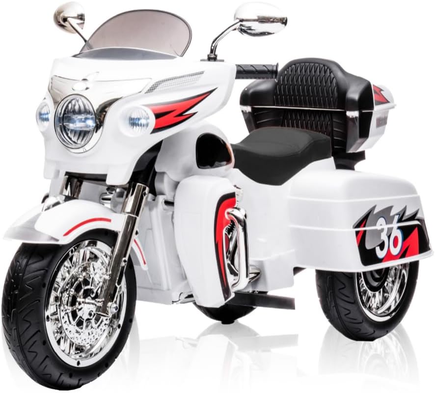 Kids Motorcycle | 12V Electric Motorcycle for Kids Ages 3-8 | 2-Seat, 3-Wheel Toy Car with Bluetooth, LED Lights | Safe Toy Vehicle Gift (White)