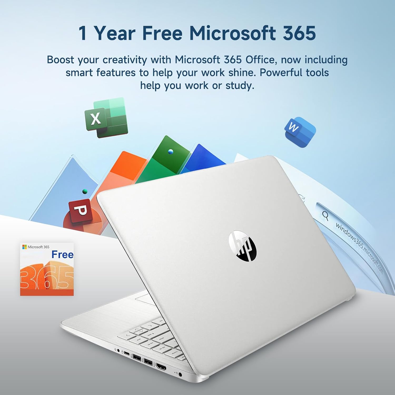 HP 14 Laptop, Quad-Core (Beat i3) 4GB RAM 256GB Storage(128GB UFS + 128GB SD Card) 1-Year Office 365 Copilot AI Computer for Student Study Back to School Win11 w/GM Accessory