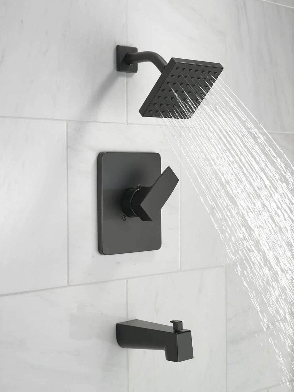Delta Modern 14 Series Square Bathtub and Shower Faucet Set, Matte Black Shower Head and Handle Set, Valve Trim Kit, Matte Black T14467-BL-PP (Valve Not Included)