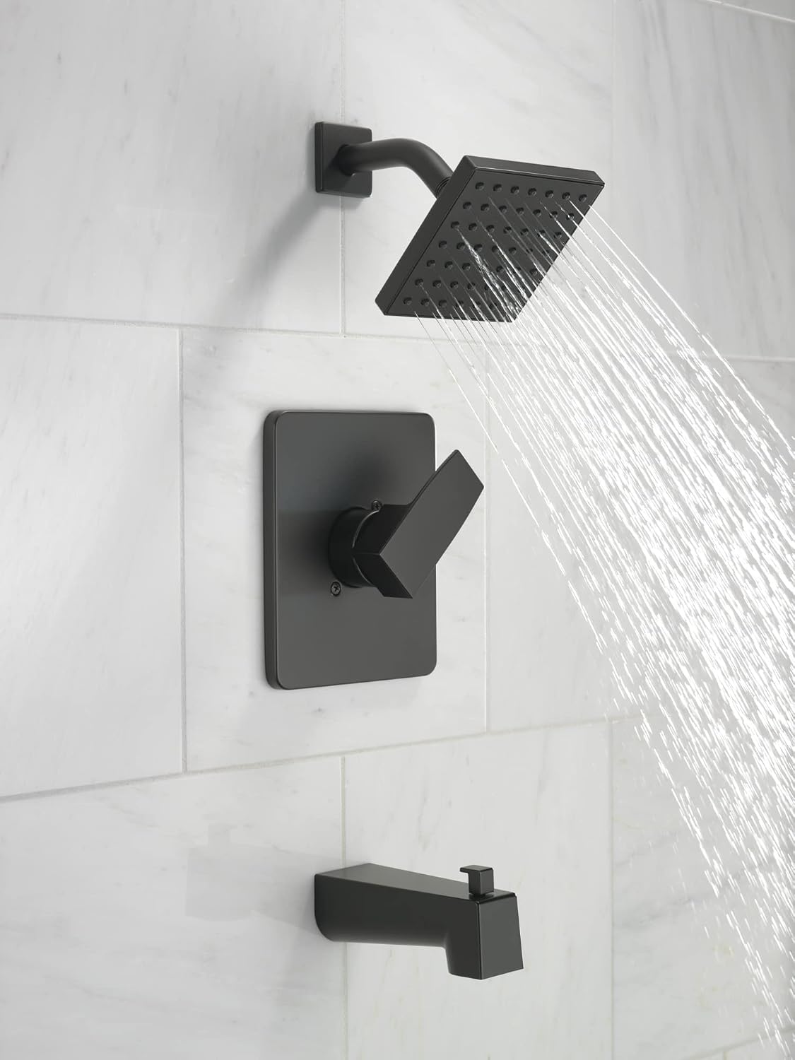 Delta Modern 14 Series Square Bathtub and Shower Faucet Set, Matte Black Shower Head and Handle Set, Valve Trim Kit, Matte Black T14467-BL-PP (Valve Not Included)