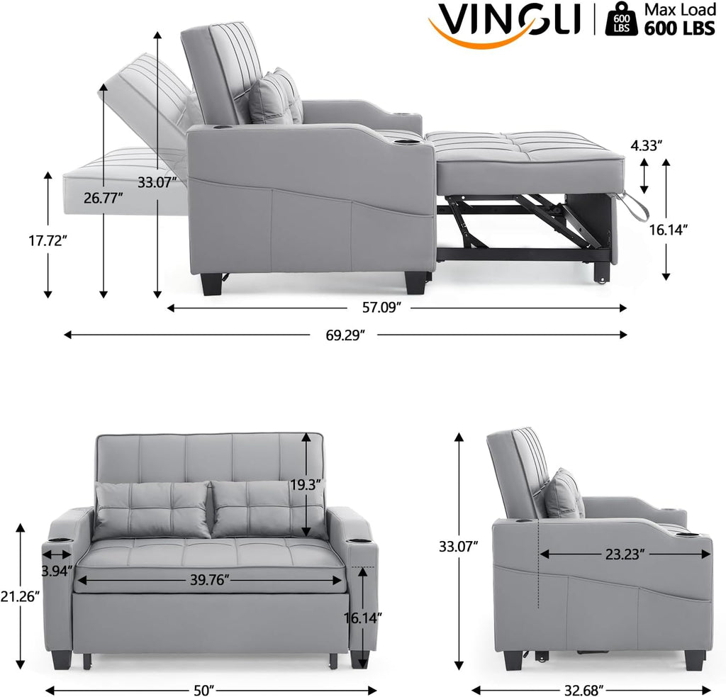 VINGLI Light Grey Futon Sofa Bed Convertible Loveseat Sleeper Couch, Faux Leather Pullout Sofa Fold Out Couch Bed with USB Ports, Cup Holders, Armrest for Living Room, Bedroom Apartment Room