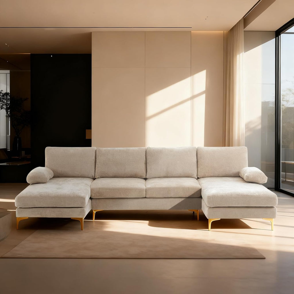 Karl home Convertible Sectional Sofa 110' U-Shape Sofa Couch 4-Seat Couch with Chaise ChenilleFabric Upholstered for Living Room, Apartment, Office, Camel