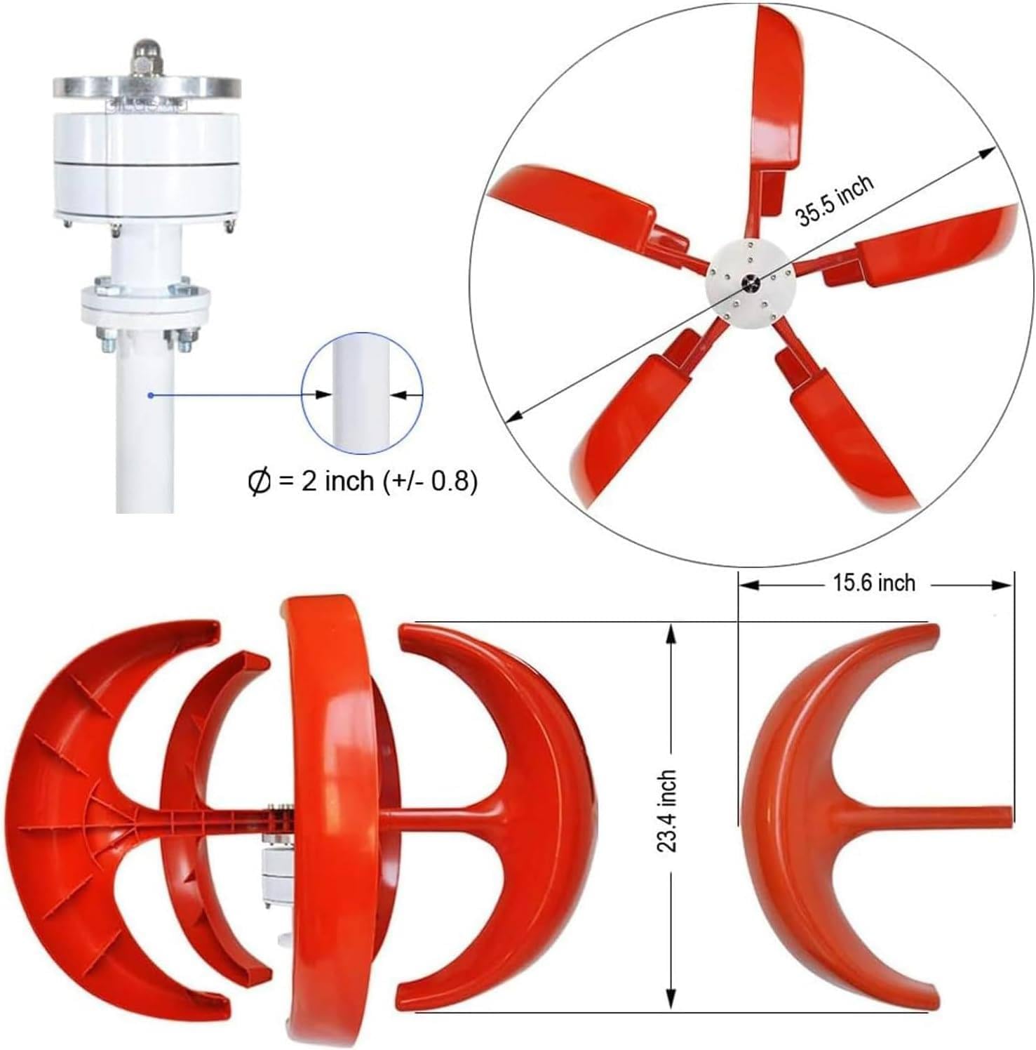 High Efficiency 24V 600W Red Vertical Axis Wind Turbine Generator - Hybrid Solar System Compatible for Home Use, 400W 800W 1000W 1200W Options Available