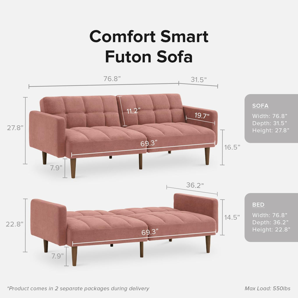 mopio Aaron 76.8' Couch, Small Futon Sofa Bed, Sleeper, Loveseat, Mid Century Modern Futon Couch, Sofa Cama, Couches for Living Room, Bedroom (Old Rosa, Velvet)