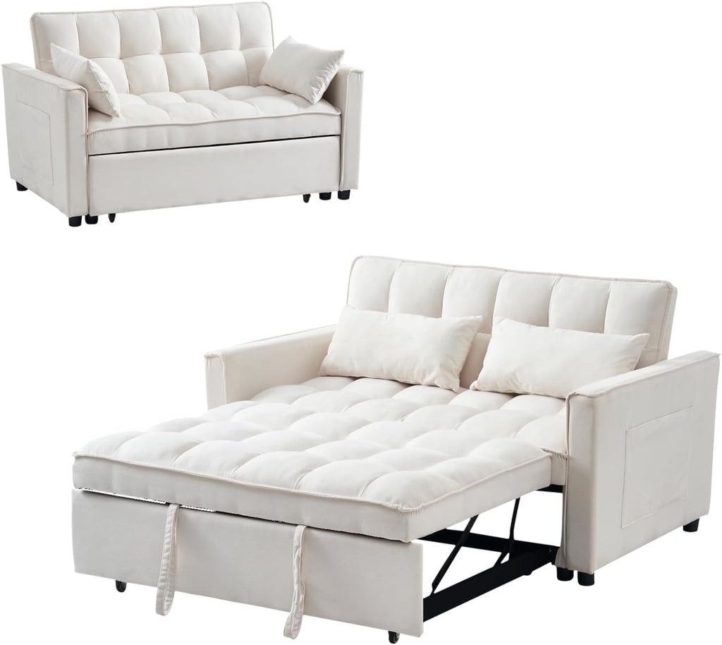 ECHINGLE Futon Sofa Bed, 3 in 1 Sleeper Sofa Couch Bed with Armrests, Storage Pockets and 2 Pillows, Adjustable Backrest, Sofa Bed Couch for Living Room, Bedroom, Office,Reading Room(Beige)