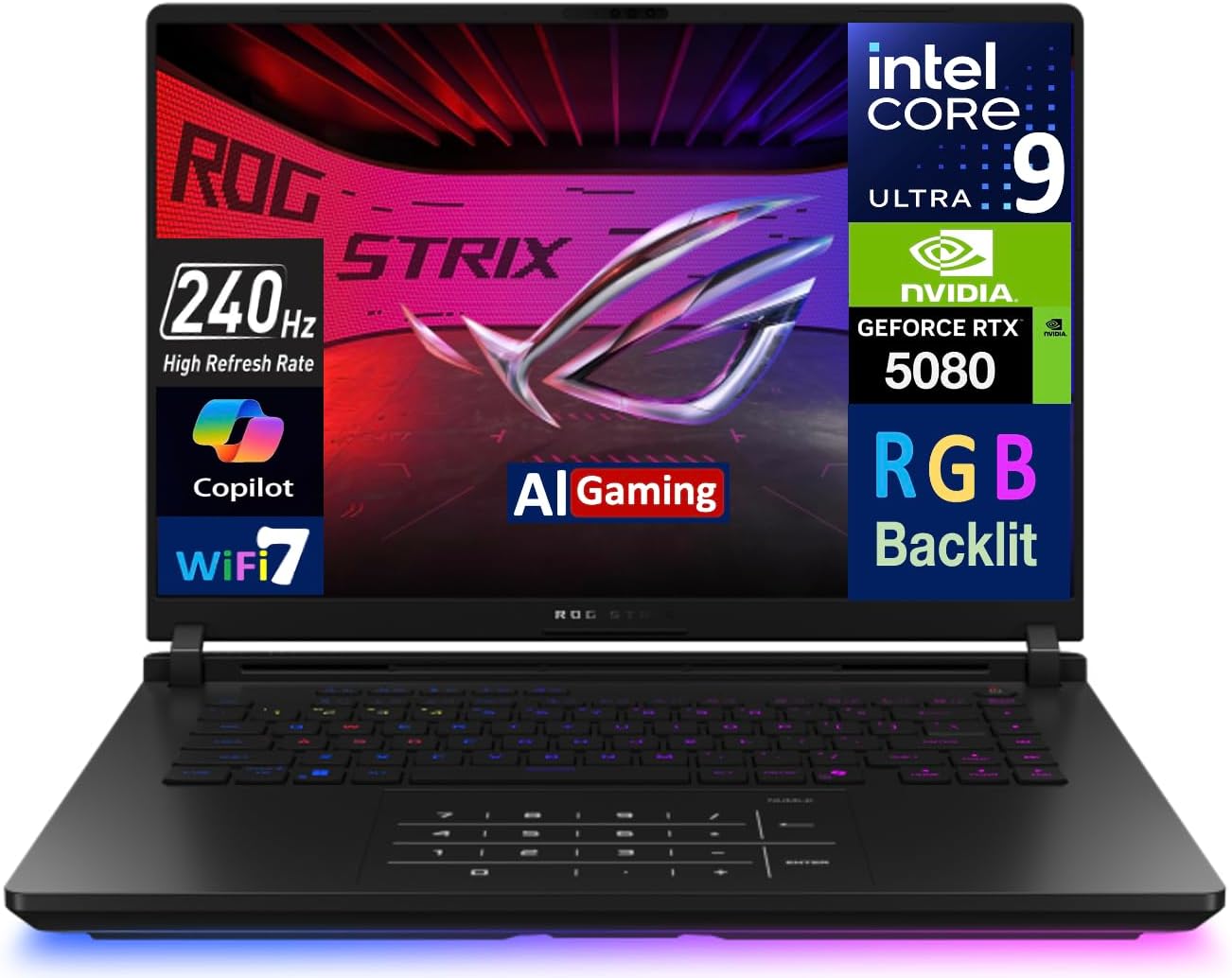 ASUS ROG Strix AI Gaming Laptop 16.0' 240Hz Mini LED WQXGA Display (Intel Ultra 9-275HX, GeForce RTX 5080 16GB, 32GB DDR5, 4TB PCIe SSD, Win 11 Pro) w/MS 365 Personal, DKZ USB Port Expander