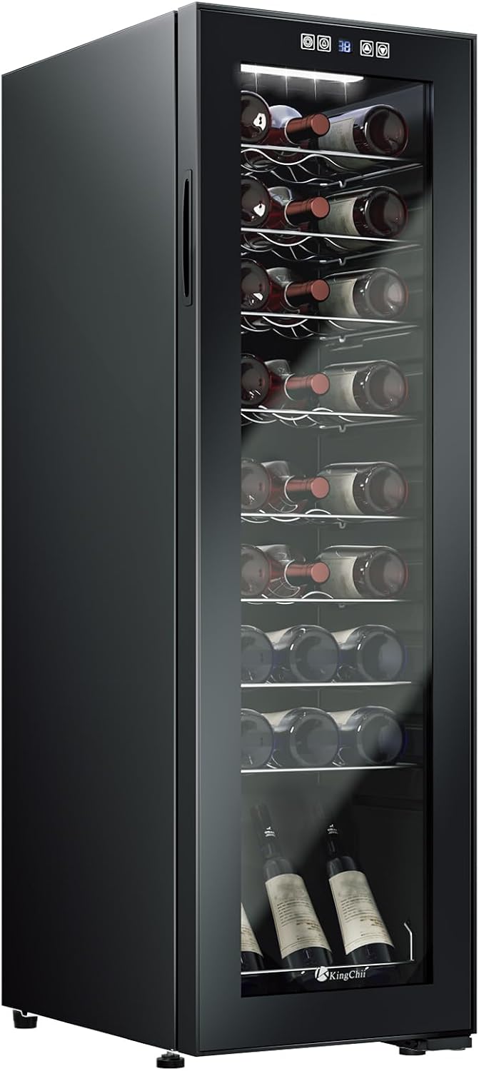 KingChii 27 Bottle Wine Cooler Refrigerator Freestanding Wine Fridge - Intelligent Digital Control, Low Noise Professional Compressor, Tempered Glass for Home, Office, or Kitchen
