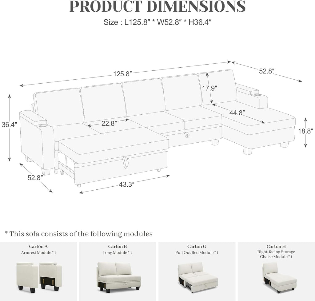 Belffin Modular Sectional Sleeper Sofa Bed with Storage Chaise L Shaped Sectional Couches for Living Room Armrest with Cup Holder. White Couch
