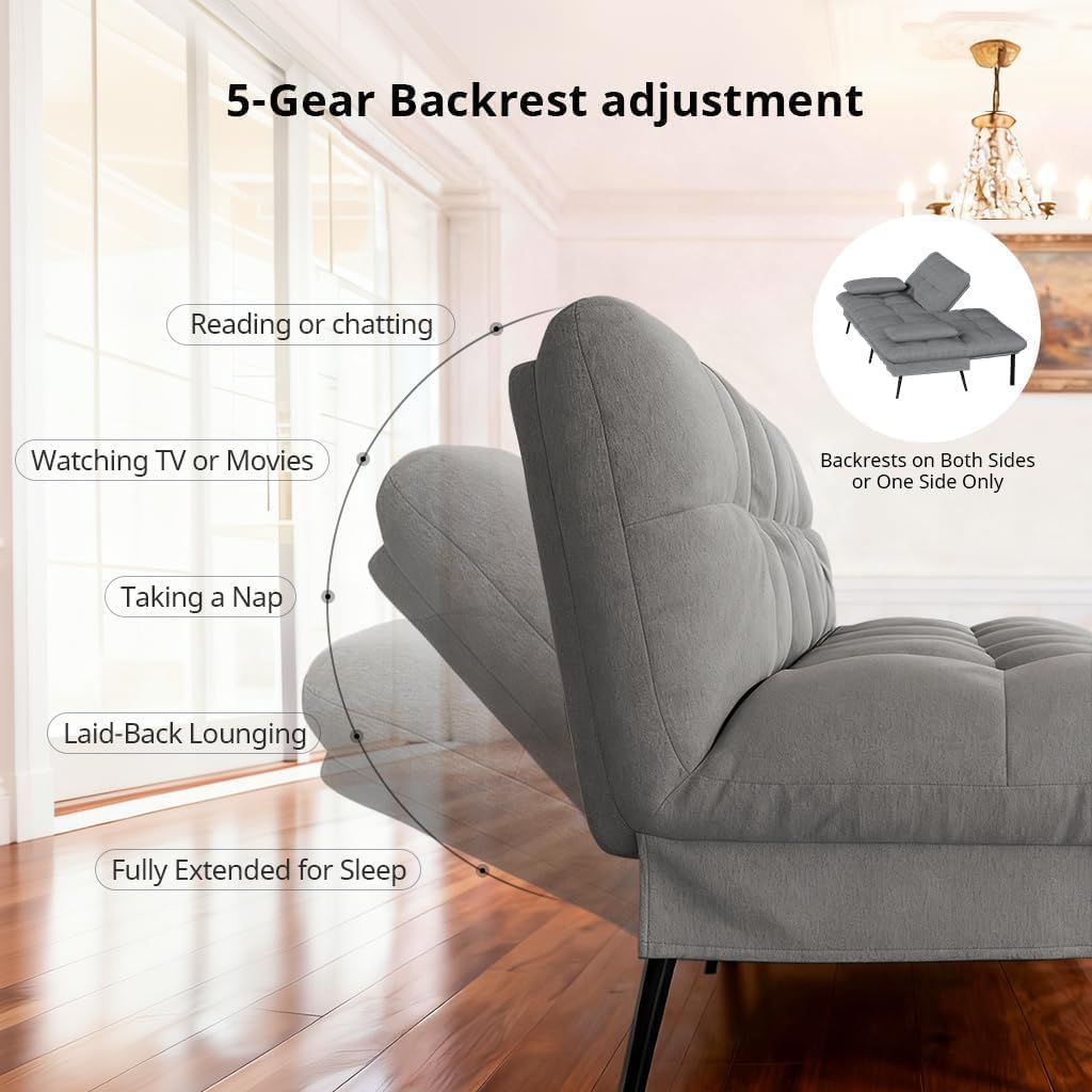 COMHOMA 72″ Futon Sofa Bed,Convertible Fabric Couch with Adjustable Backrest,Loveseat Recliner Sleeper Living Room Furniture futon Set (Grey)