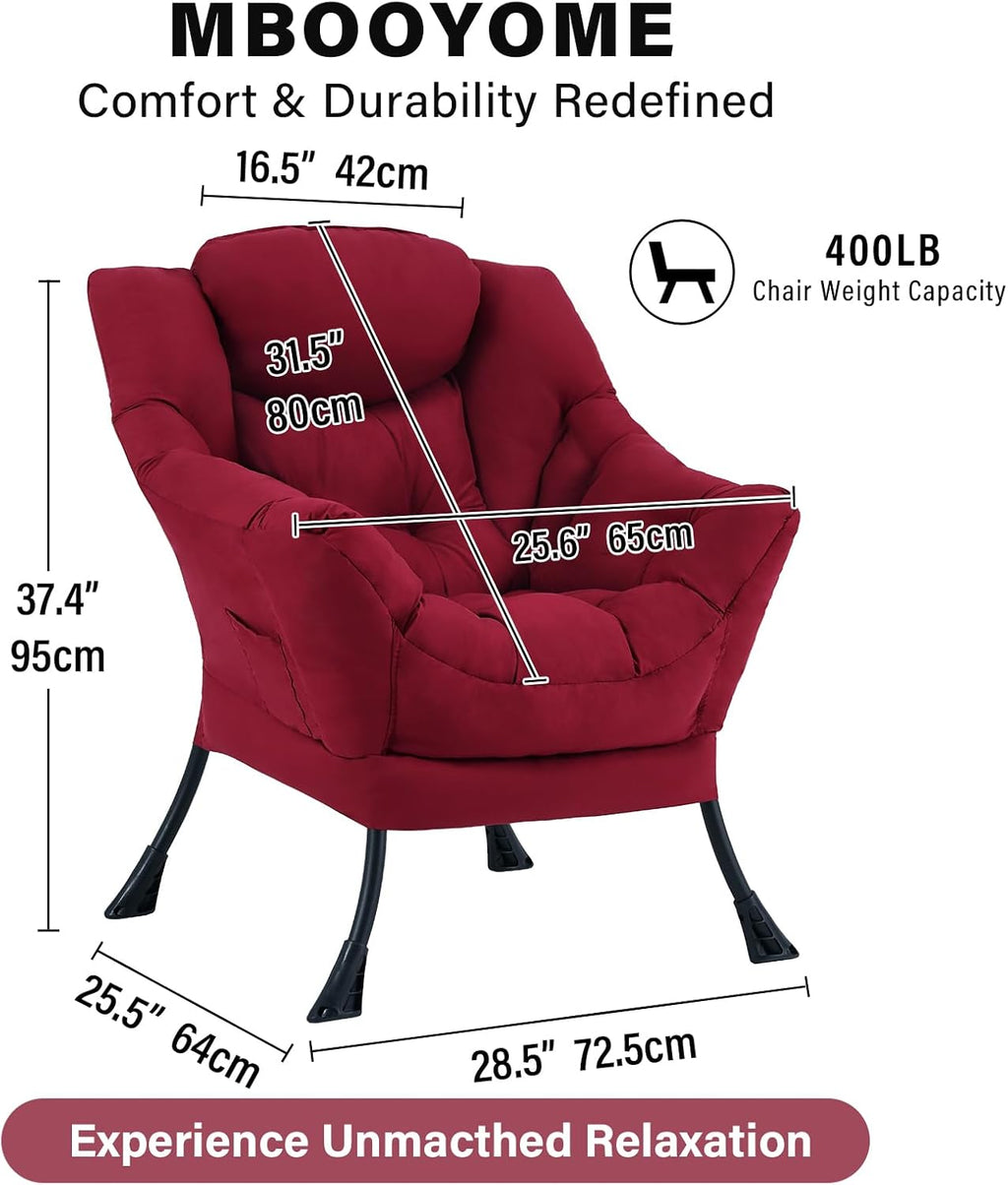 MBOOYOME Lazy Chair, Modern Soft Reading Chair Accent Contemporary Sofa Chair with Armrests and a Side Pocket for Living Room, Bedroom, Dorm & Office, Burgundy