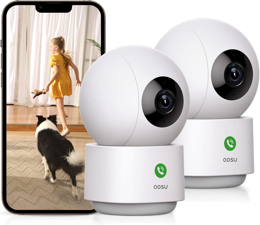 AOSU 2K Security Camera Indoor, Baby Monitor Pet Camera 2 Pack Security Cameras Outdoor Wireless, 2 Cam-Kit, No Subscription,