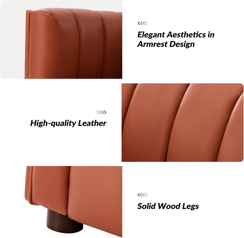 HULALA HOME 83' Genuine Leather Sofa with Channel Tufted Design, 3-Seater Sofa for Living Room Bedroom, Modern Oversized Couch with Wood Legs, Brick