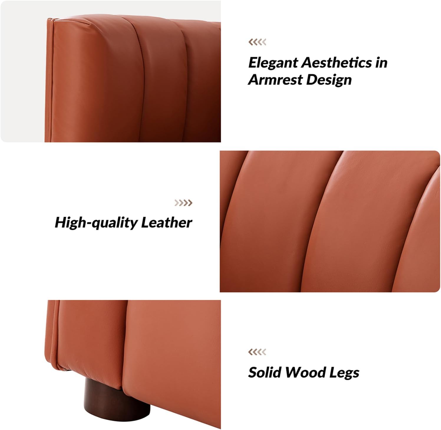 HULALA HOME 83' Genuine Leather Sofa with Channel Tufted Design, 3-Seater Sofa for Living Room Bedroom, Modern Oversized Couch with Wood Legs, Brick