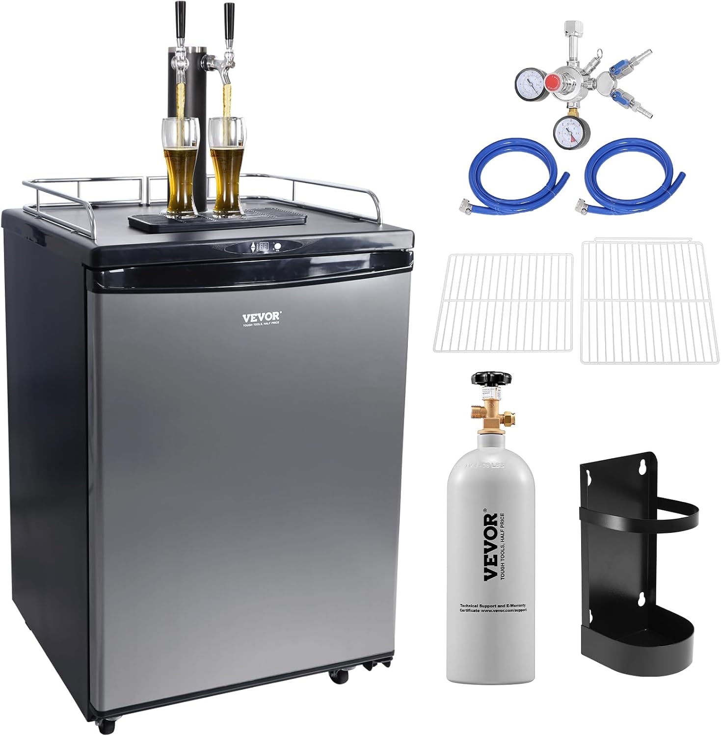 VEVOR Beer Kegerator, Dual Tap Commercial Draft Beer Dispenser for D system, Full Size Keg Refrigerator with 5lbs CO2 Tank, Hold 2 Sixth / 3 Ball lock keg, Silver
