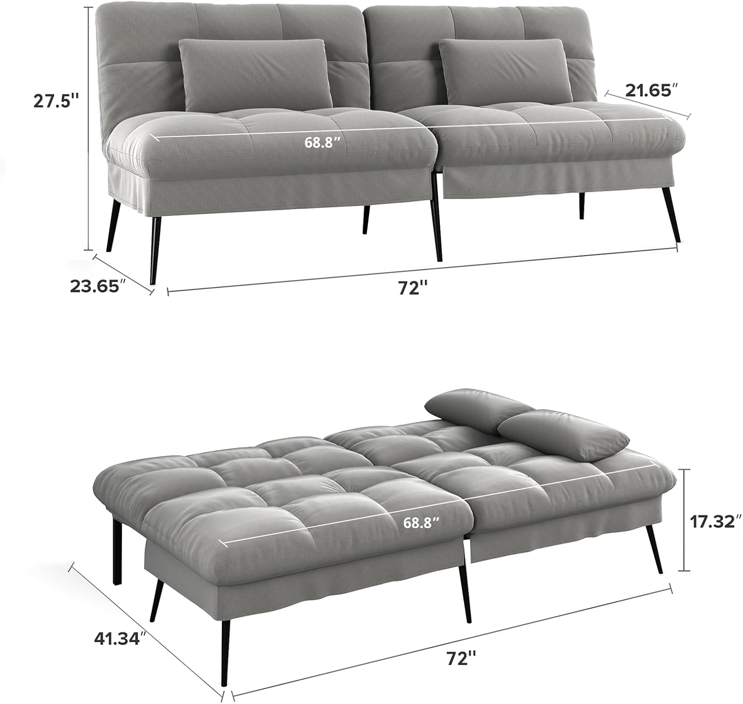 COMHOMA Convertible Futon Sofa Bed, 72″Fabric Futons Couch with Adjustable Backrest, Folding Sleeper Recliner for Living Room Furniture (Grey)