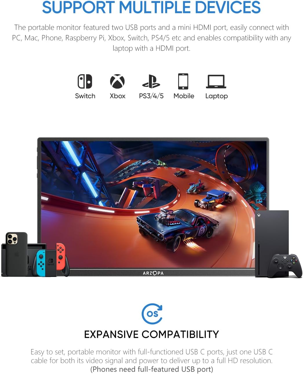 ARZOPA Portable Monitor Kickstand, 14.0' Ultra Slim Portable Laptop Monitor FHD 1080P External Display with Dual Speakers Second Screen for Laptop PC Phone Xbox PS4/5 Switch-A1S