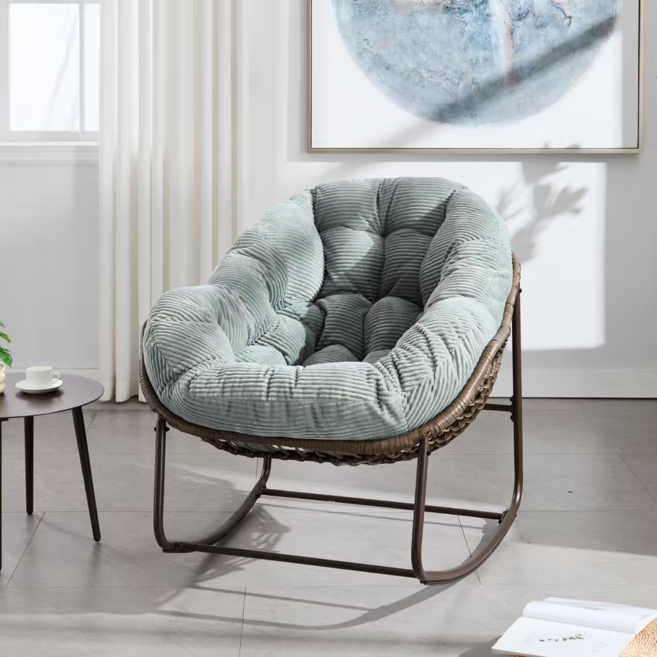 Outdoor Rattan Rocking Chair Oversized Papasan Recliner Lounger, Steel Frame & Thick Corduroy Cushion, Indoor/Outdoor Use for Patio, Porch, Backyard, Garden, Balcony, Light Green