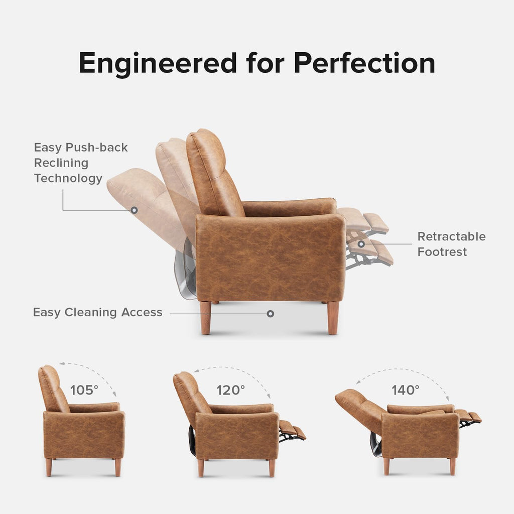 mopio Arthur Recliner Chair with 3 Positions, Accent Armchair, Mid Century Modern Reading Chair, High Back Padded Support Comfy Sleeper Armchair (Pecan Brown Faux Leather)