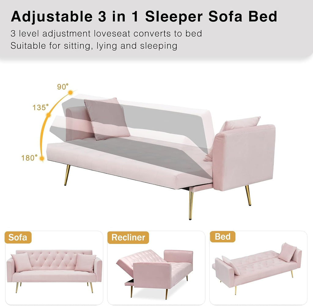 71' Modern Velvet Sofa Bed Futon, Convertible Sleeper Couch with Adjustable Backrest, Tufted Recliner Loveseat with Golden Chrome Legs & 2 Pillows for Small Spaces, Living Room, Apartment (Pink)