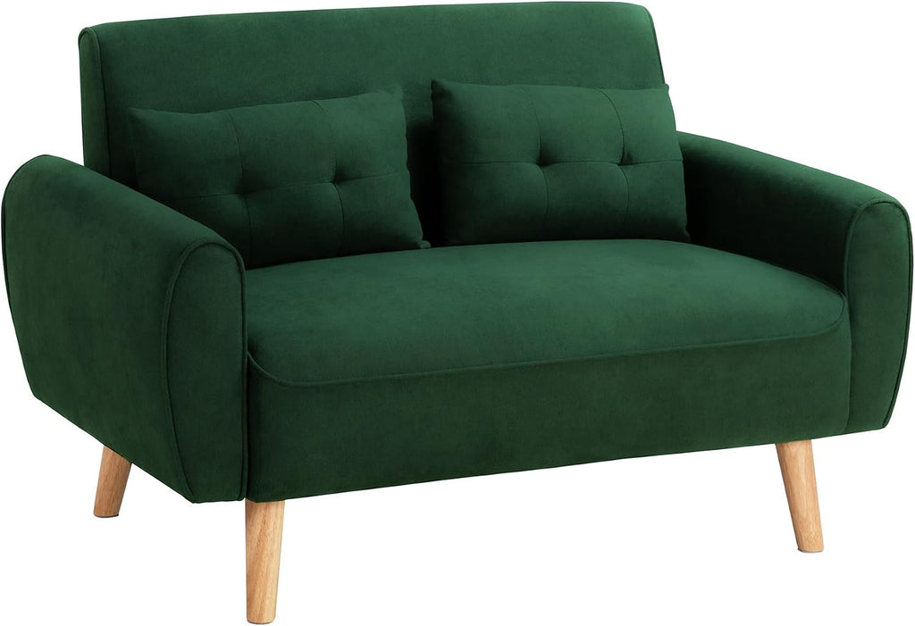 Shintenchi 48'' Loveseat Sofa, Mid-Century Modern Upholstered Couch Deep Seat with 2 Pillows, 10' Thick Cushion with Spring, Solid Wood Frame Small Couch for Living Room, Dorms & Office, Green