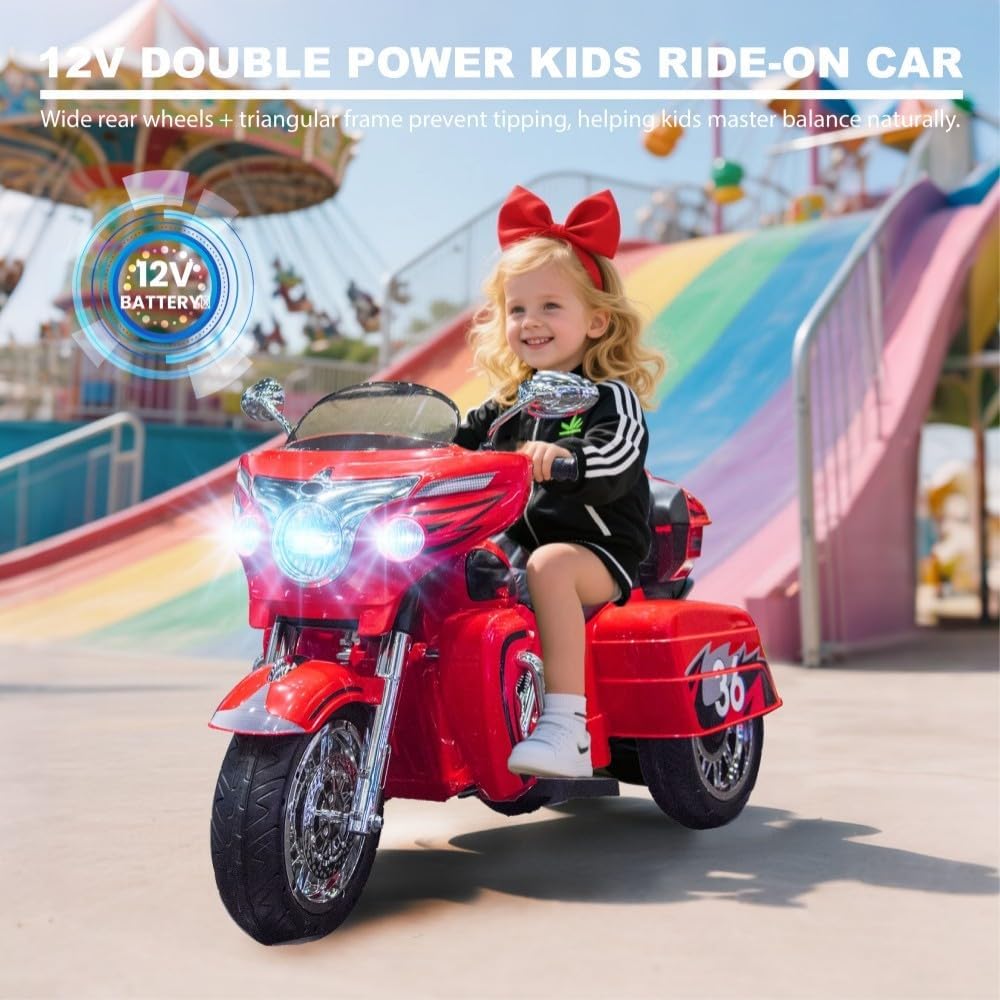 Kids Motorcycle | 12V Electric Ride-On Motorcycle for Kids Ages 3-8 | 2-Seat, 3-Wheel Toy Car with Bluetooth, LED Lights | Safe Toy Vehicle Gift (Red)
