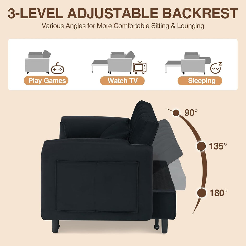 CAPCAEK 3 in 1 Convertible Sleeper Sofa Bed, Modern Velvet Loveseat Pull-Out Couch w/Pullout Bed, Small Love Seat Lounge Sofa w/Reclining Backrest,Toss Pillows, Pockets, for Living Room