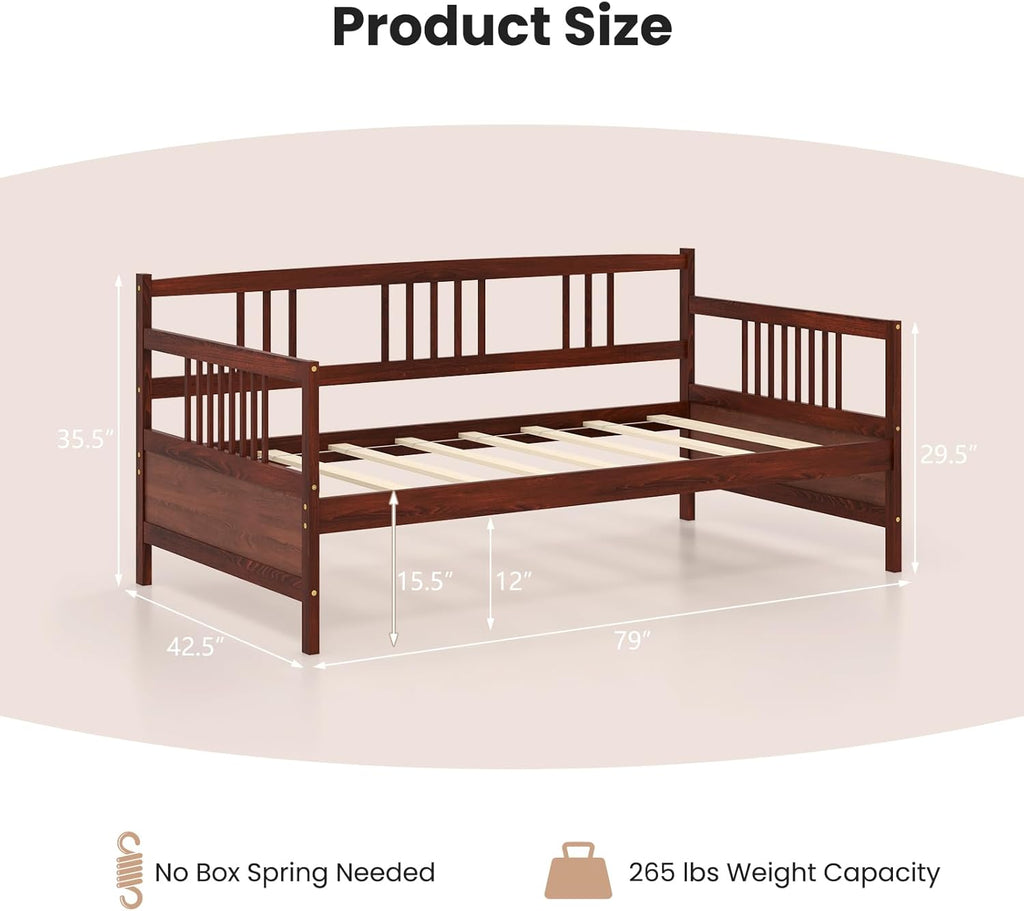 Giantex Twin Daybed Frame, Wooden Sofa Bed Guest Bed with Rails & Wood Slat Support, Dual-use Twin Size Platform Bed Frame for Living Room Bedroom, No Box Spring Needed, Cherry