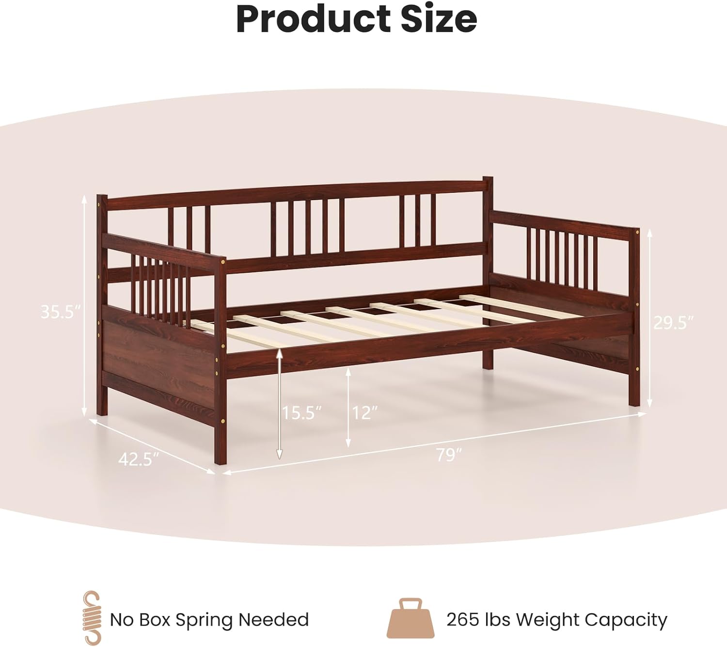 Giantex Twin Daybed Frame, Wooden Sofa Bed Guest Bed with Rails & Wood Slat Support, Dual-use Twin Size Platform Bed Frame for Living Room Bedroom, No Box Spring Needed, Cherry
