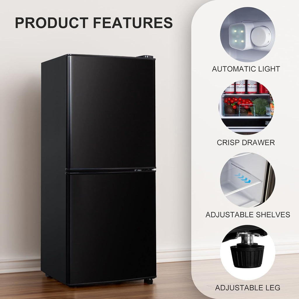 Cucina Magica 4.2 Cu Ft Mini Fridge for Bedroom, 2 Door Small Fridge, 7 Level Thermostat, LED Light, Small Refrigerator for Bedroom, Office, Dorm - Black