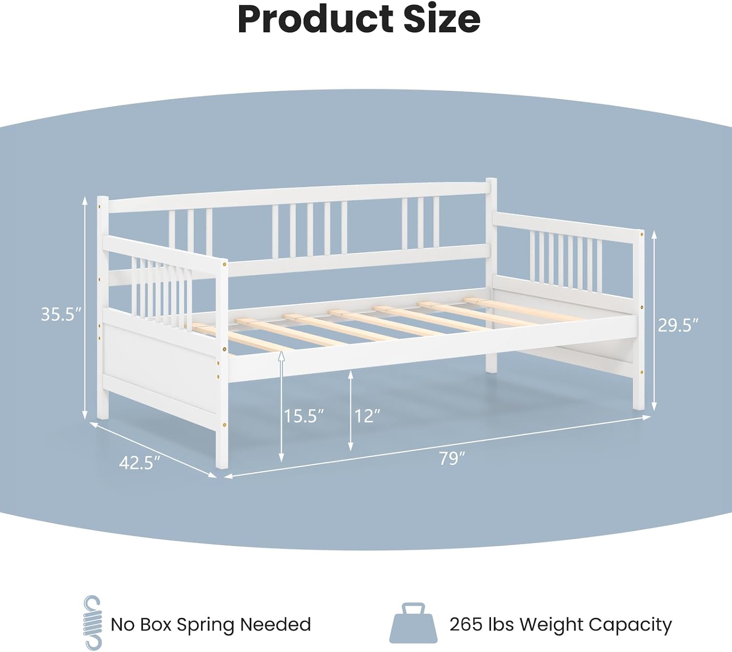 Giantex Twin Daybed Frame, Wooden Sofa Bed Guest Bed with Rails & Wood Slat Support, Dual-use Twin Size Platform Bed Frame for Living Room Bedroom, No Box Spring Needed, White