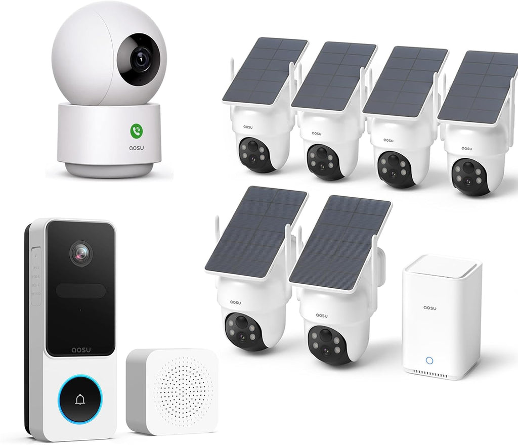 aosu Whole-Home Security Bundle – 6-Cam Wireless Outdoor Kit + Smart Video Doorbell + 2K Indoor Baby/Pet Monitor, No Subscription, Local Storage, Compatible with Alexa & Google Assistant