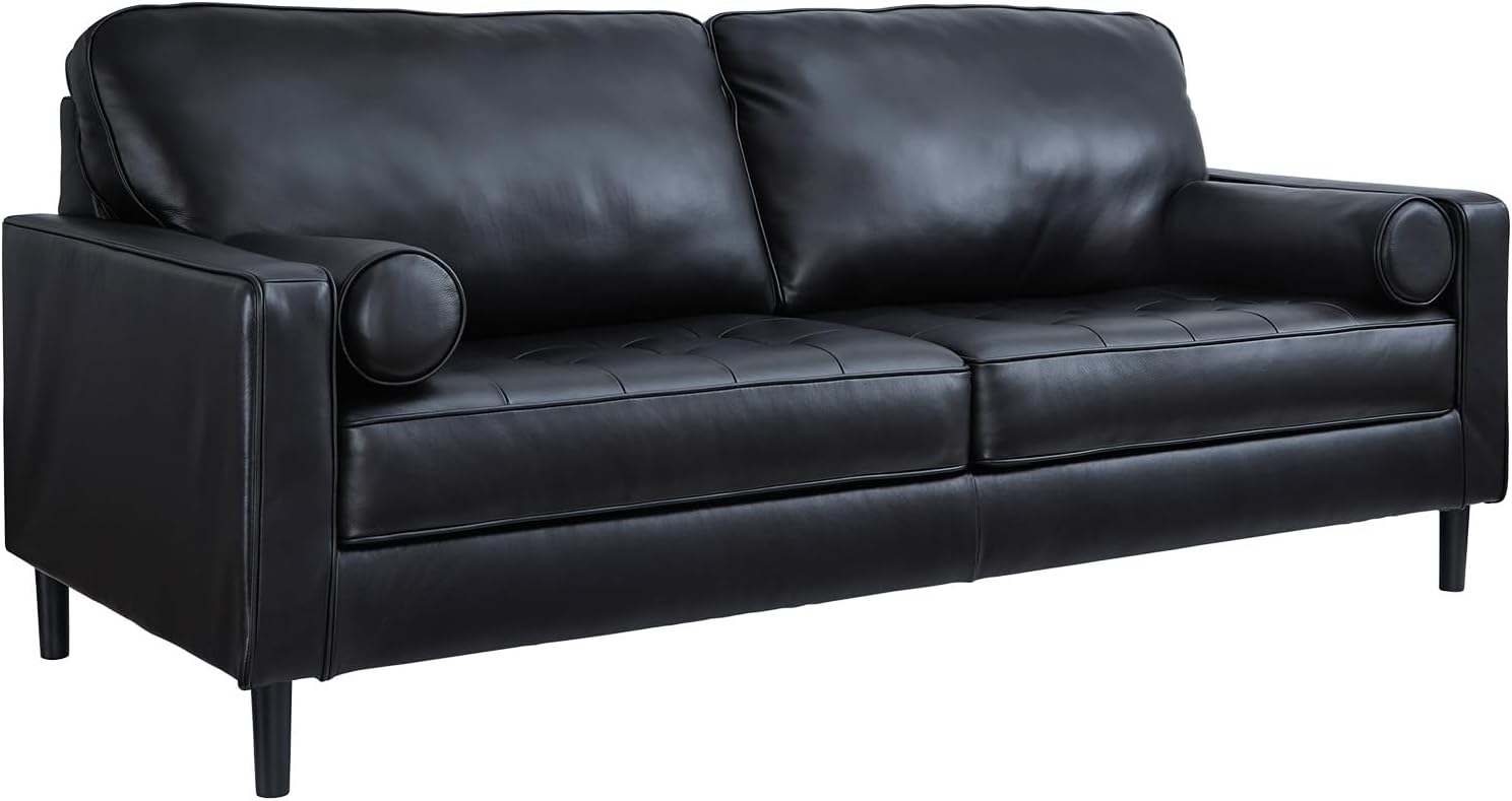 Signature Design by Ashley Bryceview Contemporary Leather Match Tufted Sofa with 2 Bolster Pillows, Black