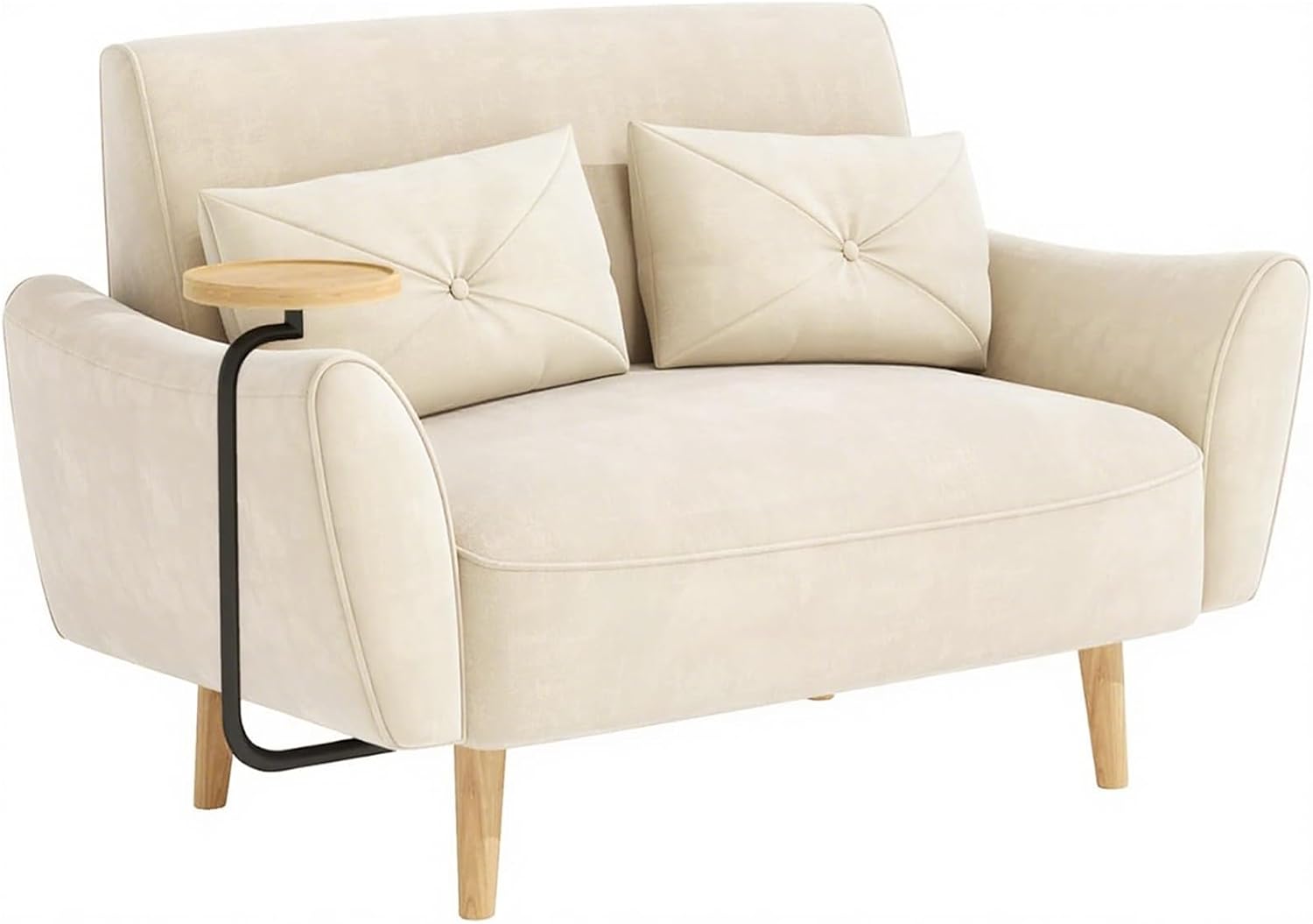 Brelice Loveseat Sofa, 47' Velvet Couch for Bedroom, Convertible Wooden Tray & Ergonomic Armrest, for Small Space, Apartment, Living Room, Home Office, Easy Assembly, Beige