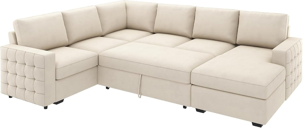 HONBAY Sectional Sleeper Sofa with Pull-Out Bed Storage Chaise, 6 Seaters Couch for Living Room, Beige