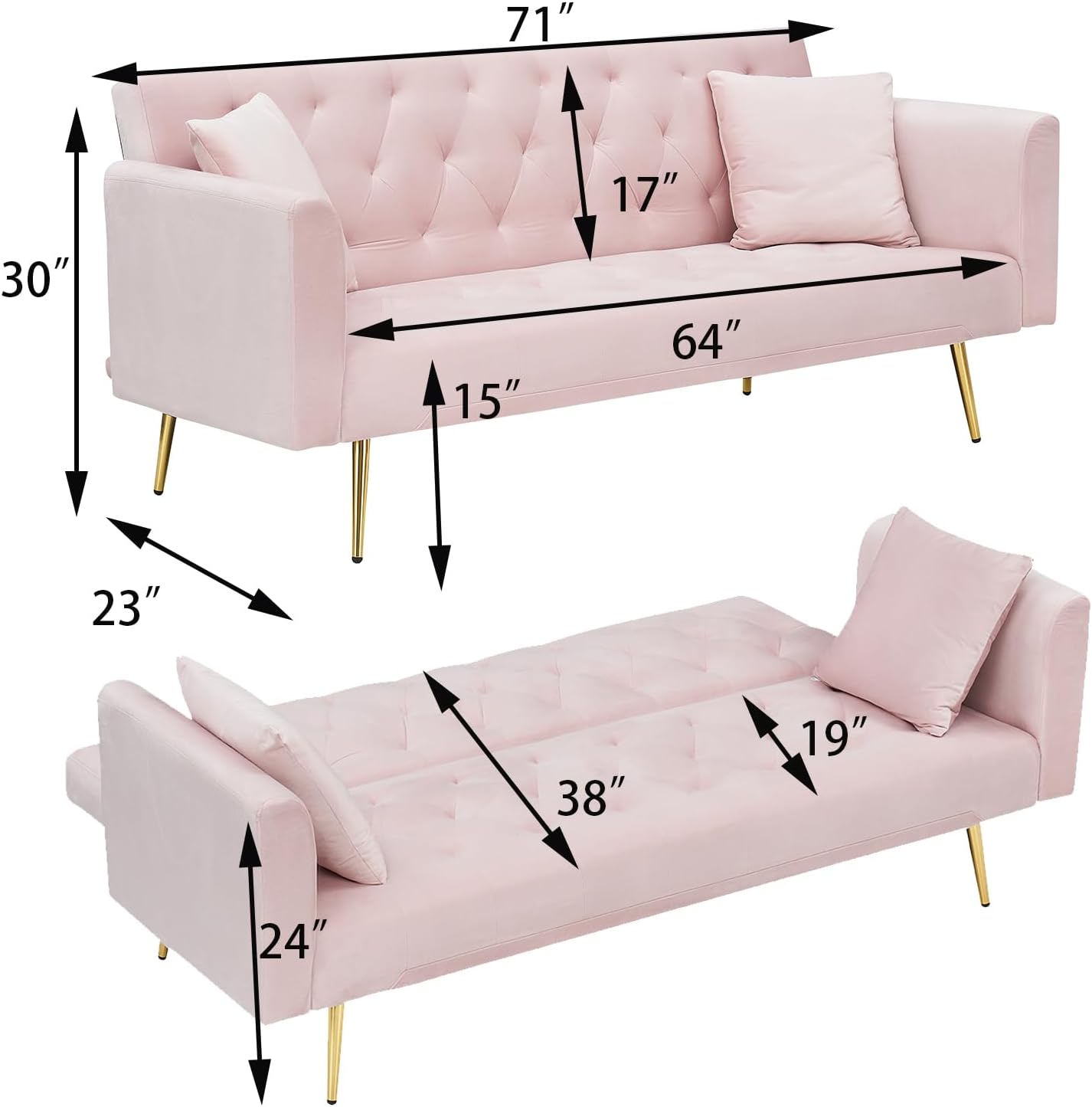 71' Modern Velvet Sofa Bed Futon, Convertible Sleeper Couch with Adjustable Backrest, Tufted Recliner Loveseat with Golden Chrome Legs & 2 Pillows for Small Spaces, Living Room, Apartment (Pink)