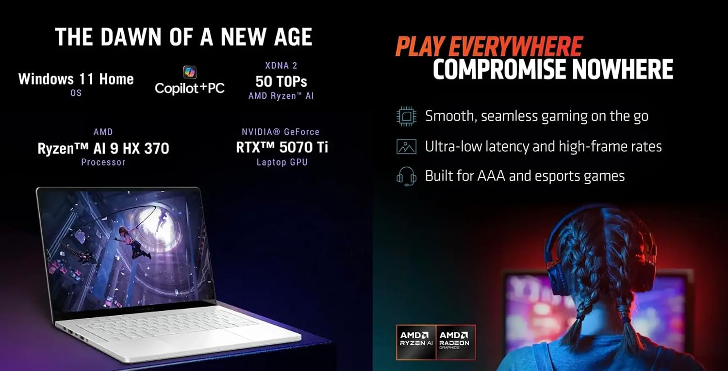 ASUS ROG Zephyrus AI Gaming Laptop 14.0' 120Hz OLED 2.8K Display (AMD Ryzen AI 9 HX 370, GeForce RTX 5070 Ti 12GB, 32GB LPDDR5X, Win 11 Pro) with MS 365 Personal, DKZ USB Port Expander