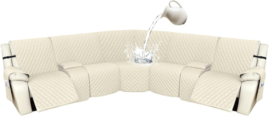 Arfntevss Recliner Sectional Couch Covers 1OO% Waterproof L Shape Sofa Cover for Reclining L Shaped Sectional Slipcover Dog Washable Corner Non Slip Protector (5 Seater with 2 Console, Beige)