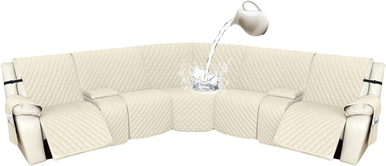 Arfntevss Recliner Sectional Couch Covers 1OO% Waterproof L Shape Sofa Cover for Reclining L Shaped Sectional Slipcover Dog Washable Corner Non Slip Protector (5 Seater with 2 Console, Beige)